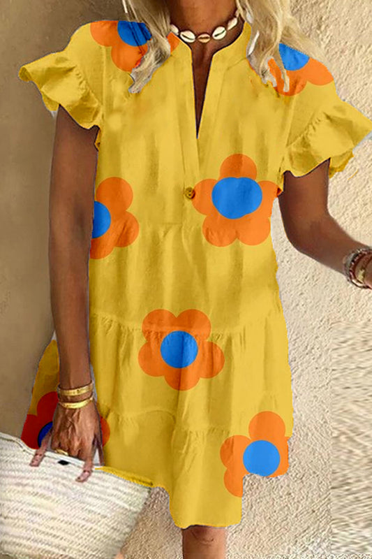 Yellow Floral Print Cotton Dress