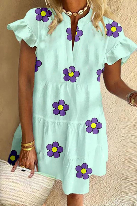 Baby Blue Flower Print Cotton Dress