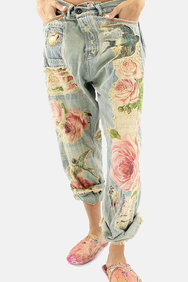 Casual Denim Floral Ripped Raw Trim Straight Leg Jeans