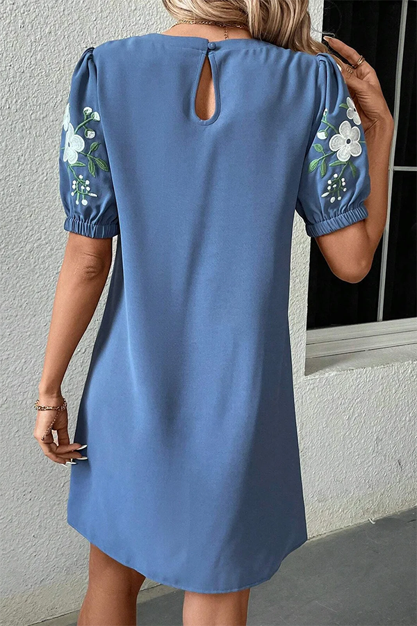 Women Floral Crew Neck Short Sleeve Comfy Casual Embroidery Mini Dress