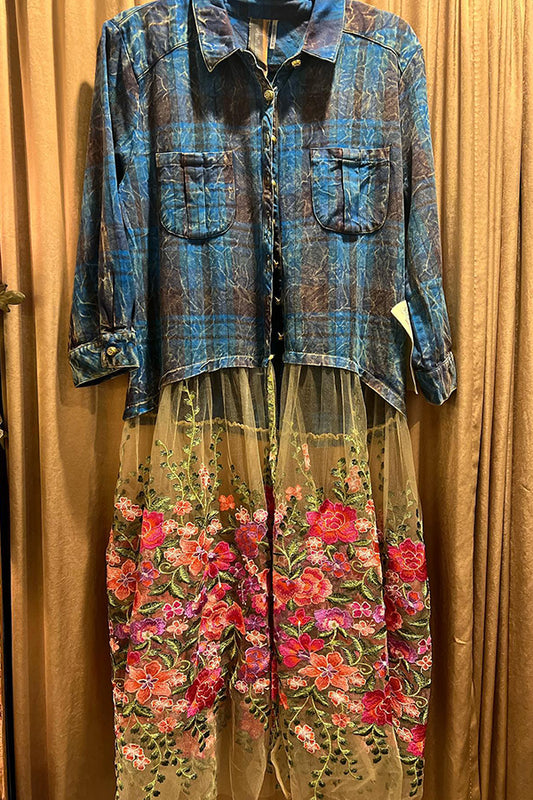 Floral Embroidered Mesh Patchwork Shirt Dress