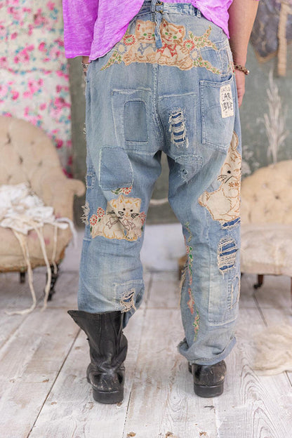 Casual Denim Floral Ripped Raw Trim Straight Leg Jeans