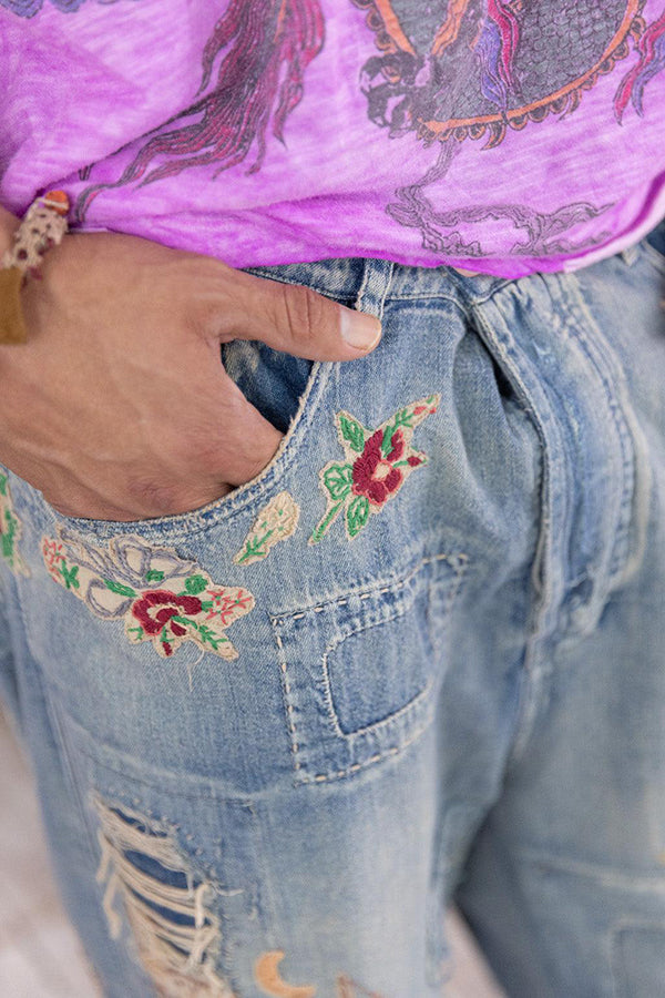 Casual Denim Floral Ripped Raw Trim Straight Leg Jeans