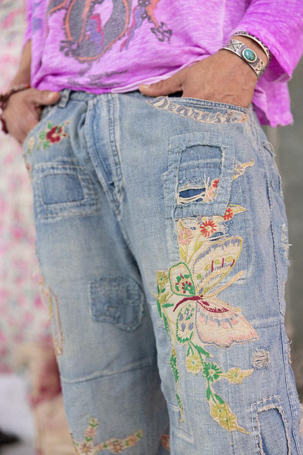 Casual Denim Floral Ripped Raw Trim Straight Leg Jeans