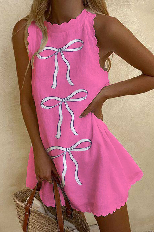 Cute Hot Pink Bow Print Mini Dress