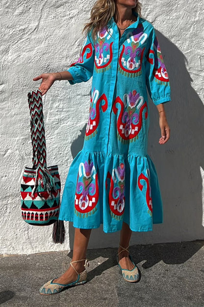 Take Me To Cabo Ethnic Unique Print Button Loose Shirt Midi Dress