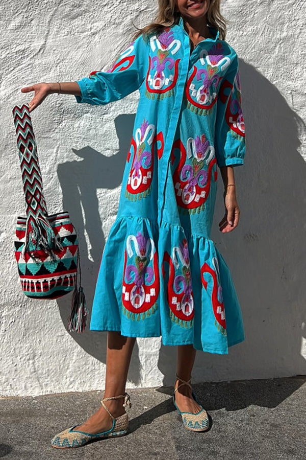 Take Me To Cabo Ethnic Unique Print Button Loose Shirt Midi Dress