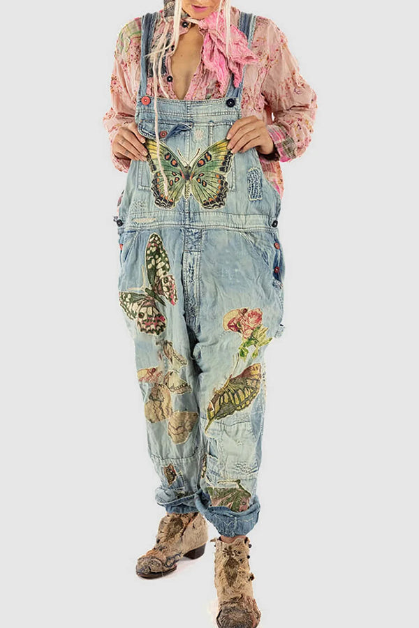 Vintage Floral Butterfly Washed Pocket Denim Overalls Jumpsuit