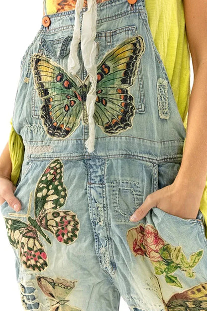 Vintage Floral Butterfly Washed Pocket Denim Overalls Jumpsuit