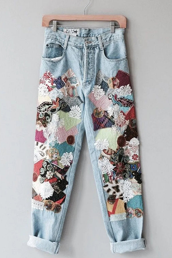 Casual Guipure Lace Graphic Floral Pocket Denim Straight Leg Jeans