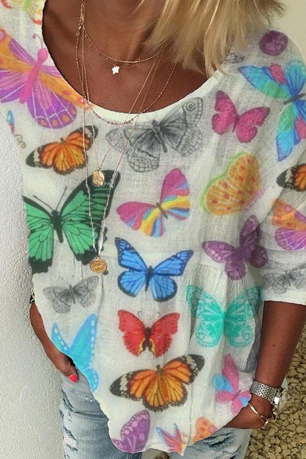 Butterfly Print Linen T-Shirt