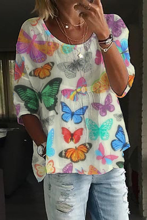 Butterfly Print Linen T-Shirt