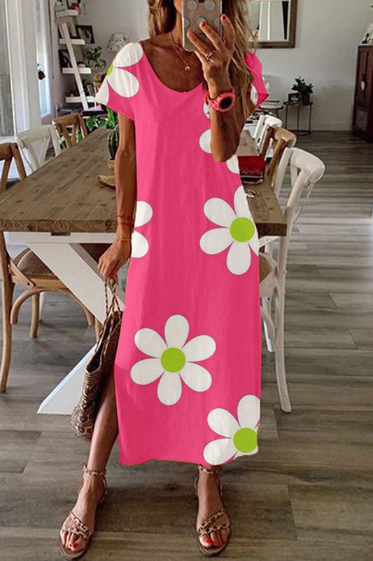 Hot Pink Floral Print Cotton T-Shirt Dress