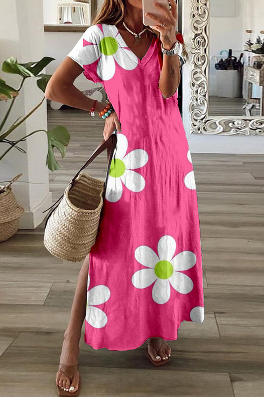 Hot Pink Floral Print Cotton T-Shirt Dress