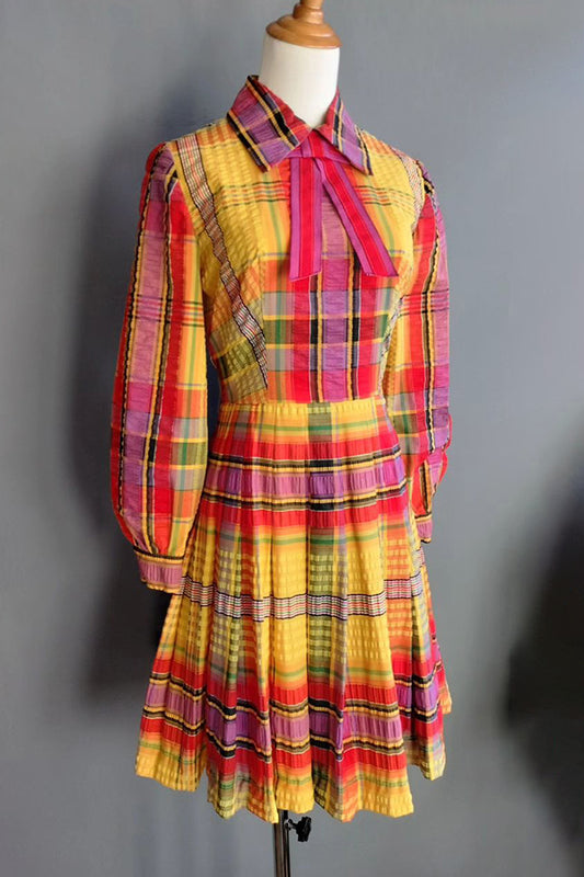 70s Cotton Yarn-Dyed Plaid Seersucker Dress