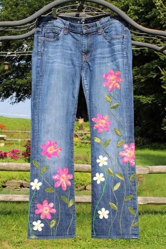 Boho Retro Style Flower Embroidered Jeans