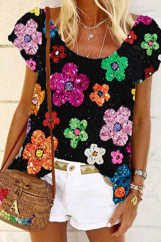 Floral Sequin Short-Sleeved T-Shirt