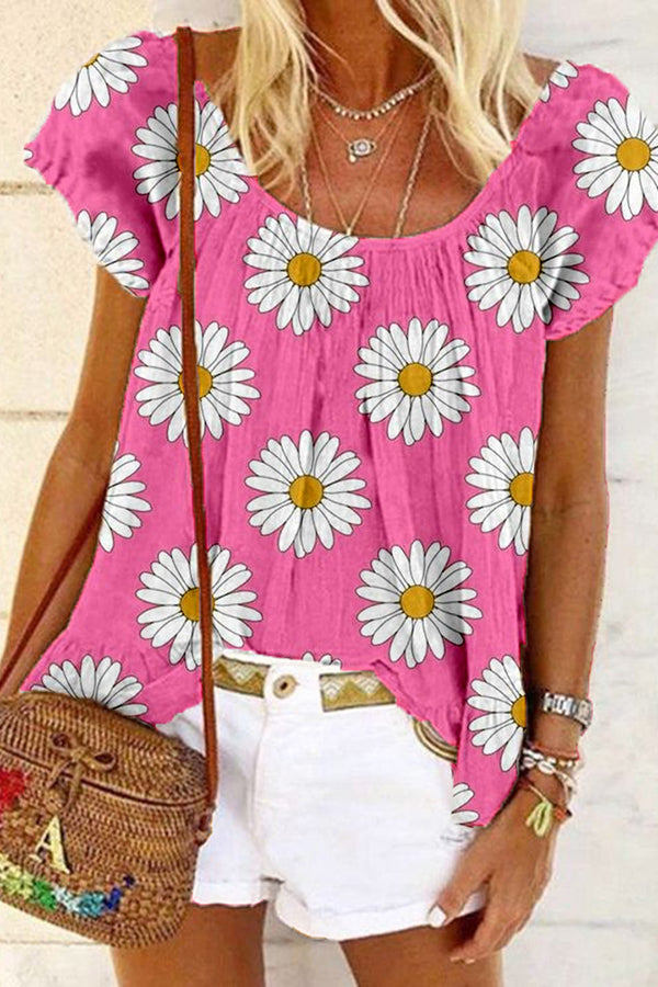 Hot Pink Daisy Print Short Sleeve T-Shirt