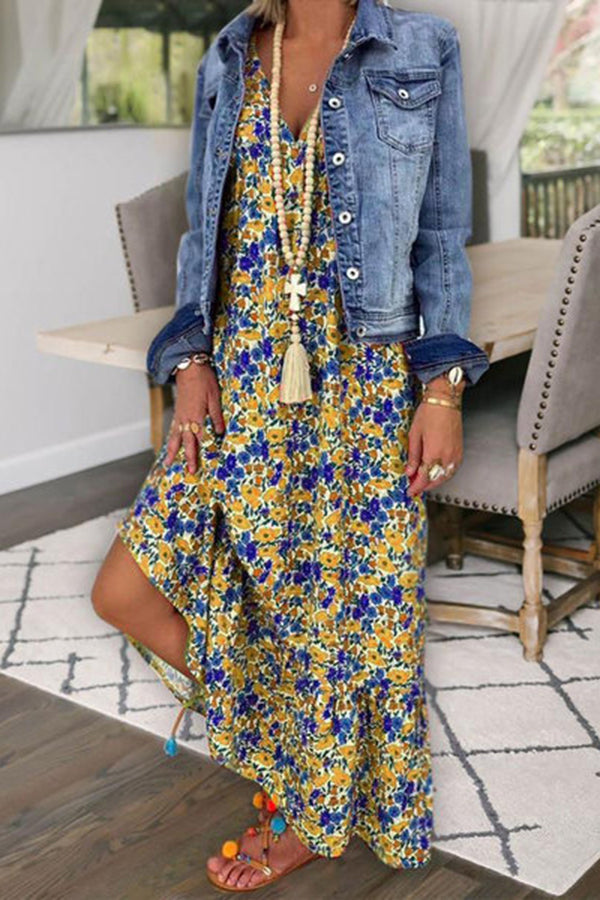 V-neck Suspenders Bohemian Print Maxi Dress