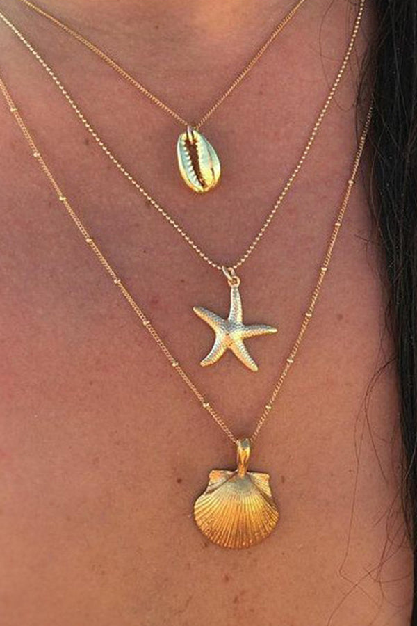 Personality Alloy Starfish Scallop Multilayer Necklace