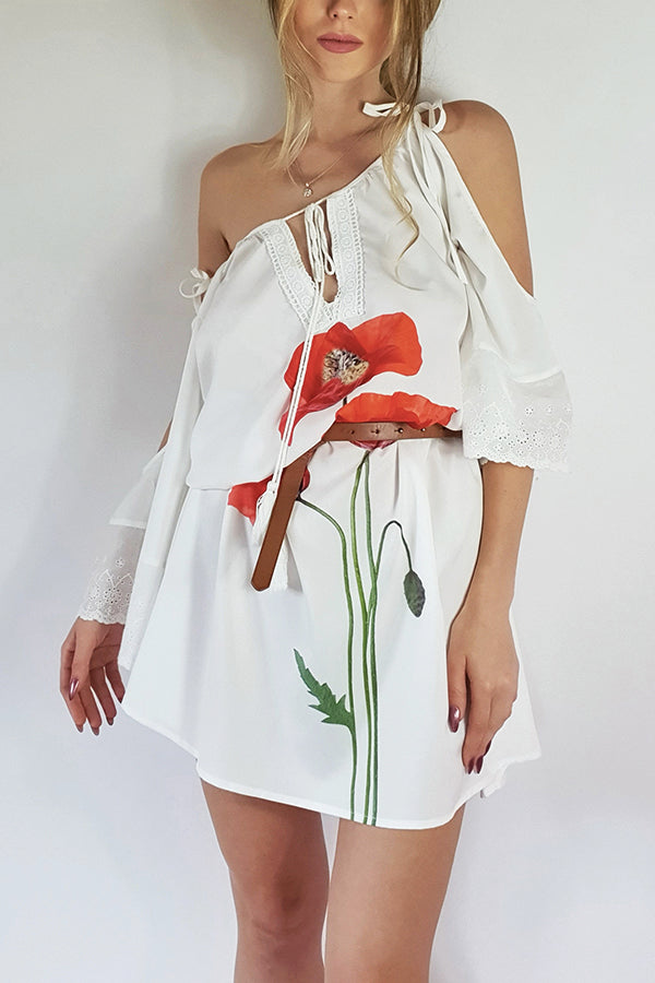 Casual Botanical Print Off-the-Shoulder Loose Tie Dress