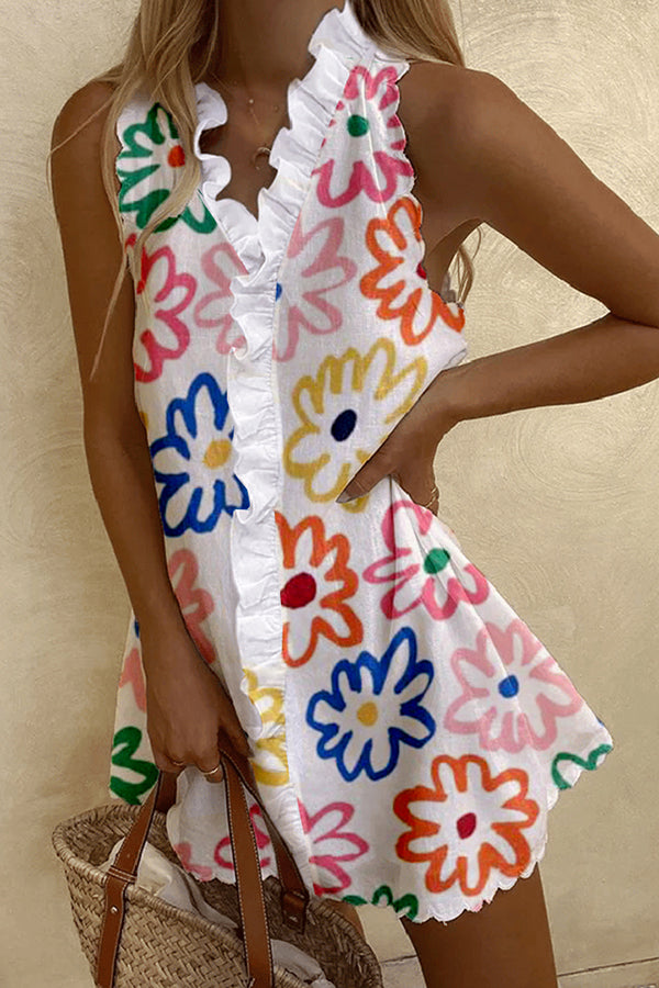 Hand-Painted Spring Flowers Print Ruffled Sundress