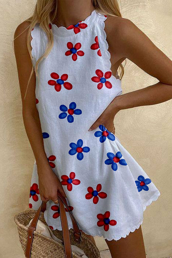 Two-Tone Red&Blue Flower Print Summer Dress