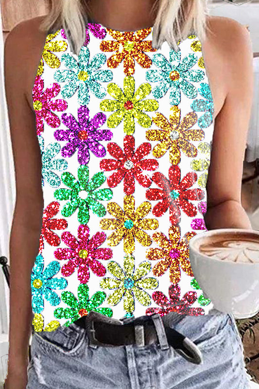 Shiny Floral Print Tank Top