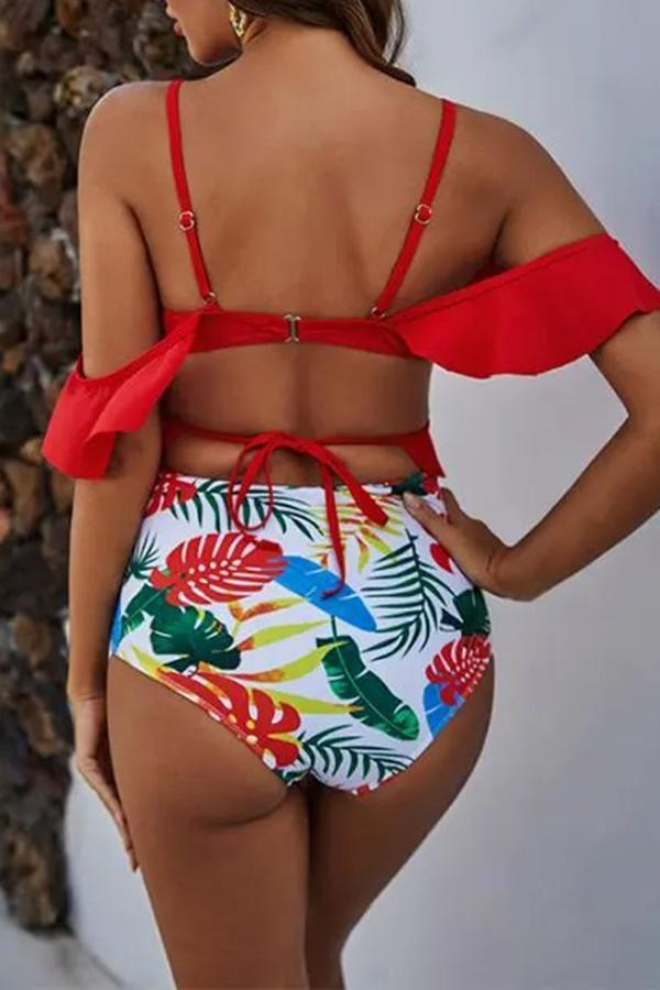 Ruffle Print High-waist Suit Two-piece Swimsuit