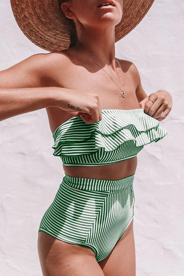 Irregular striped ruffled high waist bikini