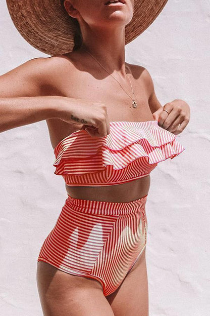 Irregular striped ruffled high waist bikini