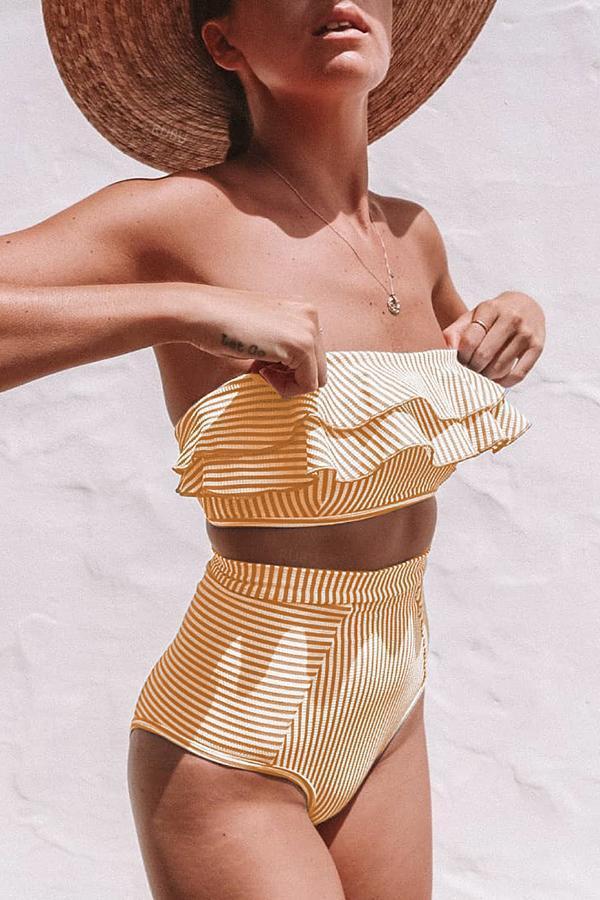 Irregular striped ruffled high waist bikini