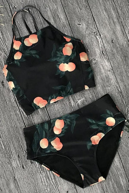 Orange Print Drawstring High Waist Bikini