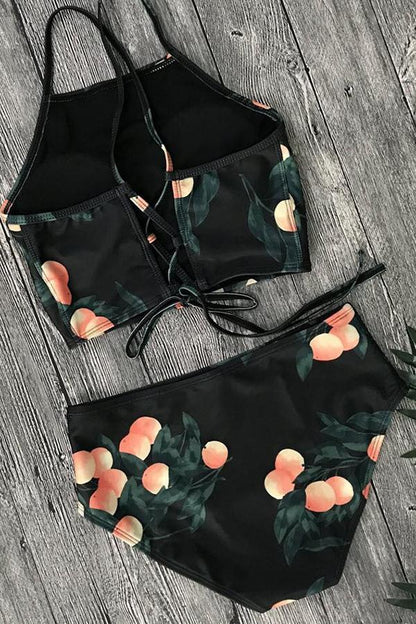 Orange Print Drawstring High Waist Bikini