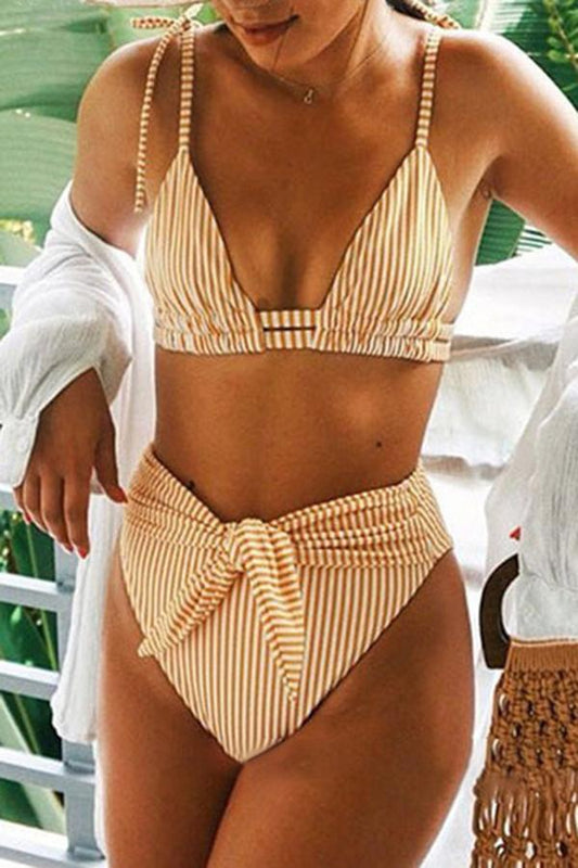 Fresh Sexy Sunshine Striped Tie Patchwork Split Bikini