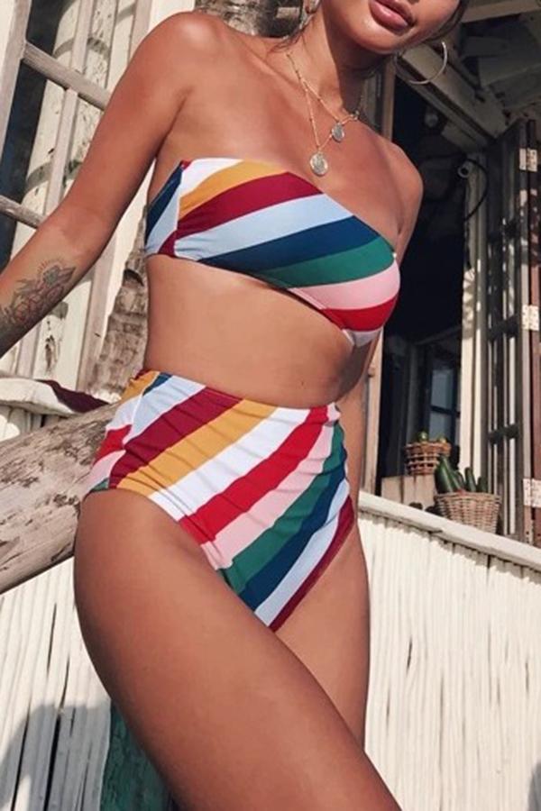 Cute Urban Stylish Colorful Contrast High Waist Split Bikini